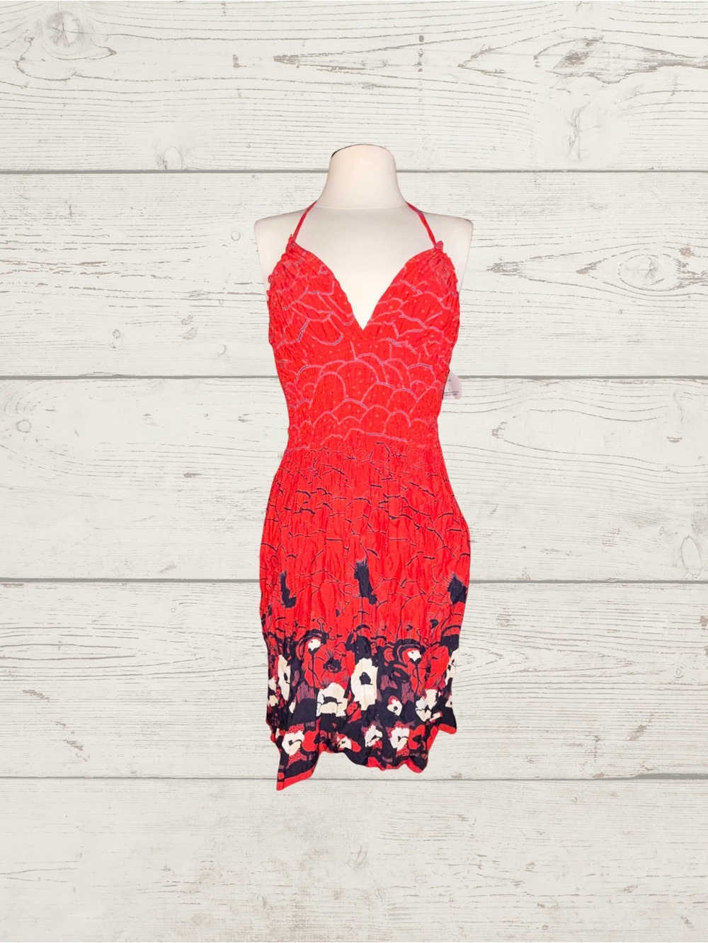 Angie Red Floral Halter Dress Smocked Bodycon Sundress NWT Deadstock Sz S Summer